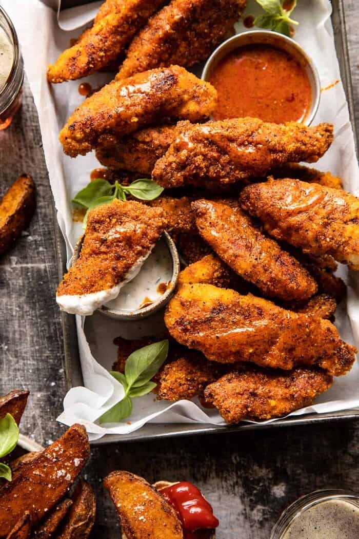 Black Pepper Rub Chicken Fingers with Greek Yogurt Ranch | halfbakedharvest.com overhead photo of Black Pepper Rub Chicken Fingers with Greek Yogurt Ranch