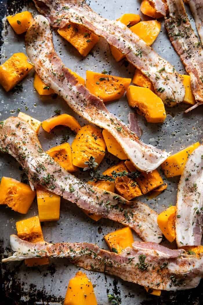 Butternut Squash Pasta Carbonara with Rosemary Bacon | halfbakedharvest.com overhead photo of Butternut Squash and bacon before roasting