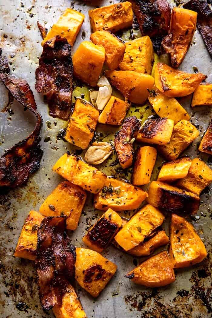 Butternut Squash Pasta Carbonara with Rosemary Bacon | halfbakedharvest.com overhead photo of Butternut Squash and Rosemary Bacon after bacon on sheet pan