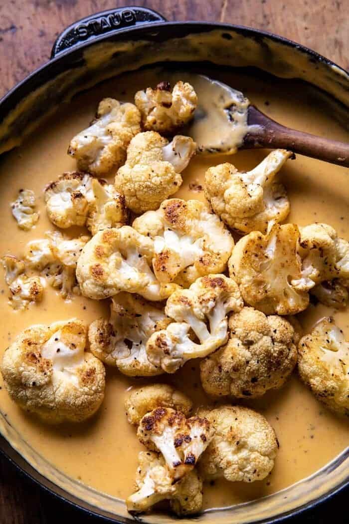 overhead photo of Cauliflower and Cheese before tossing with the cheese sauce 