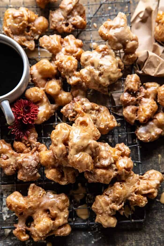 overhead photo of Cinnamon Spiced Apple Fritters with Vanilla Coffee Glaze