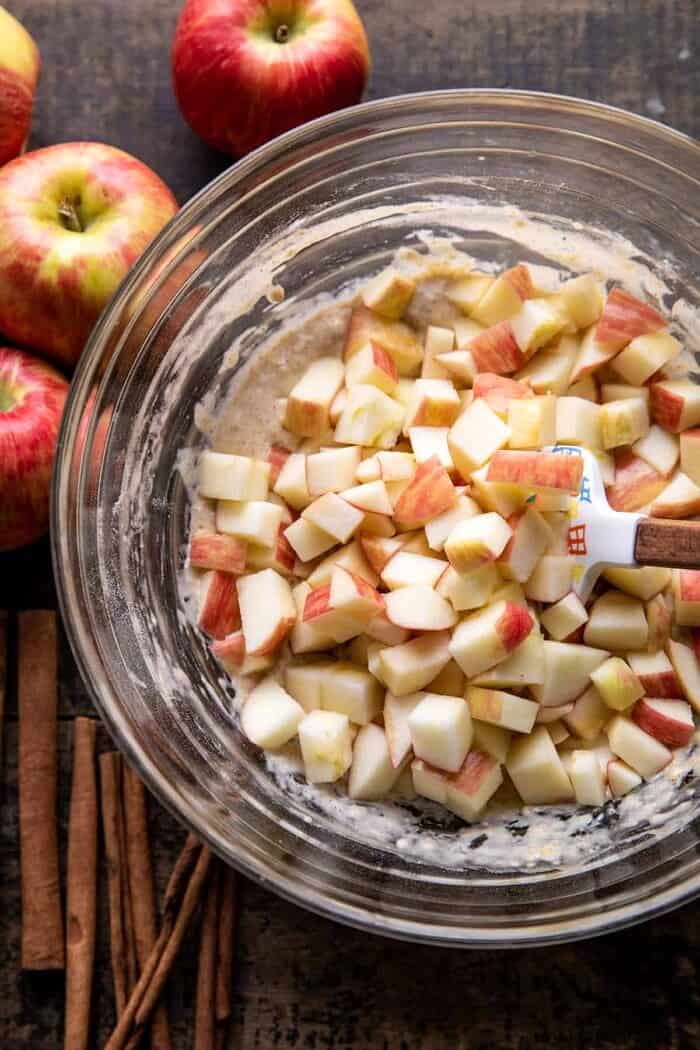 prep photo of mixing apples into the fritter batter 