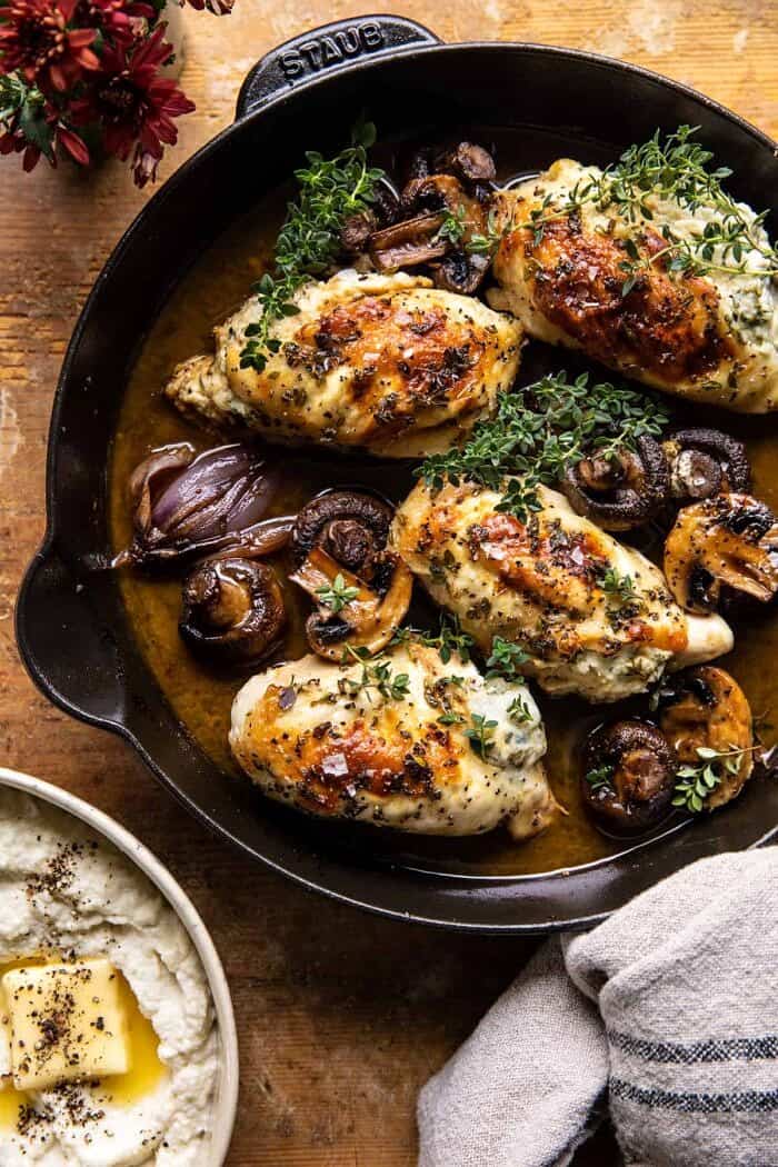 overhead photo of Herbed Ricotta Stuffed Chicken In White Wine Pan Sauce