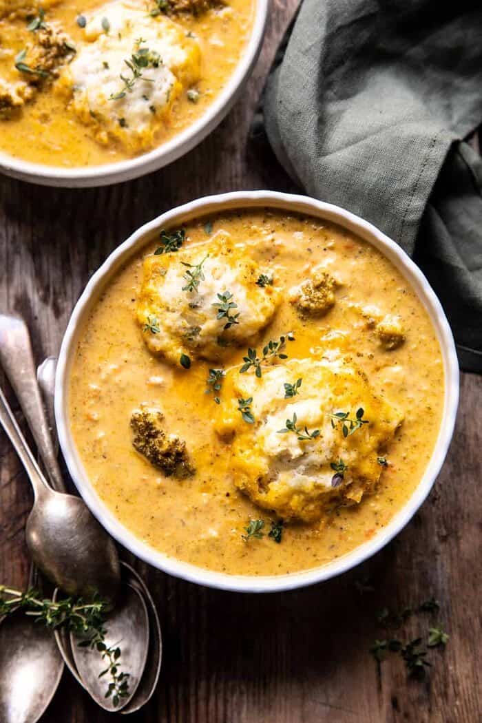One Pot Broccoli Cheddar and Dumplings | halfbakedharvest.com