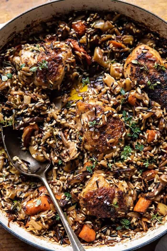 overhead close up photo of One Pot Lemon Rosemary Dijon Chicken and Butter Toasted Rice Pilaf
