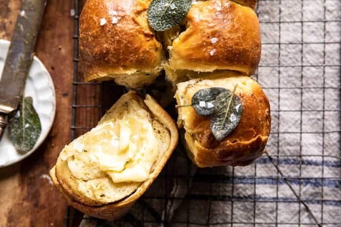 Pull Apart Parmesan Sage Butter Brioche Rolls | halfbakedharvest.com overhead horizontal photo of Pull Apart Parmesan Sage Butter Brioche Rolls