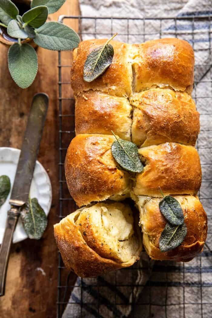 Pull Apart Parmesan Sage Butter Brioche Rolls | halfbakedharvest.com overhead photo of Pull Apart Parmesan Sage Butter Brioche Rolls