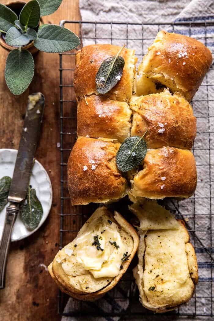 Pull Apart Parmesan Sage Butter Brioche Rolls | halfbakedharvest.com overhead photo of Pull Apart Parmesan Sage Butter Brioche Rolls