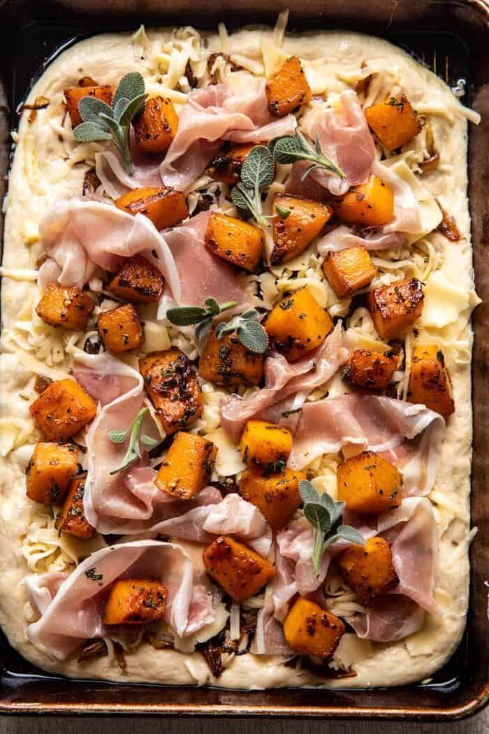 prep photo of Roasted Butternut Squash Prosciutto Pizza before baking
