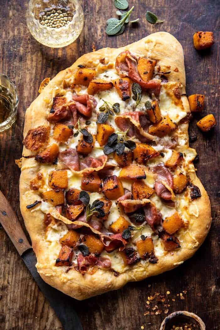 overhead photo of Roasted Butternut Squash Prosciutto Pizza with Caramelized Onions 
