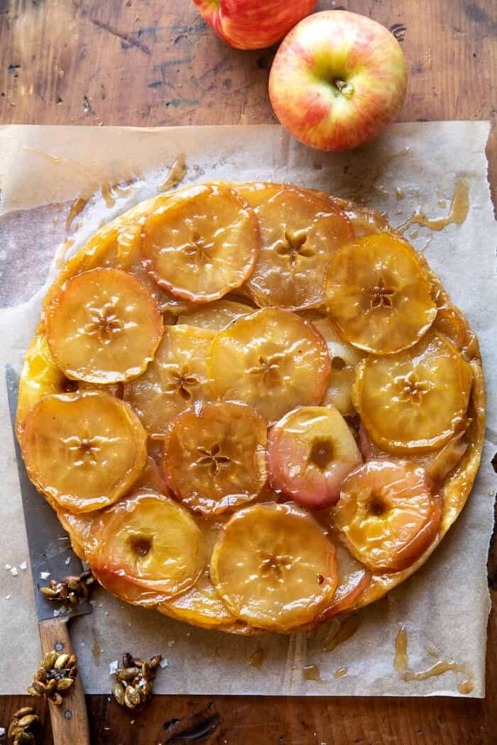 Salted Maple Apple Tarte Tatin with Cinnamon Pumpkin Seeds | halfbakedharvest.com overhead photo of Salted Maple Apple Tarte Tatin with Cinnamon Pumpkin Seeds