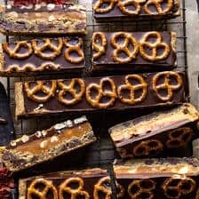 Salted Pretzel Chocolate Chip Cookie Snickers Bars | halfbakehavrest.com