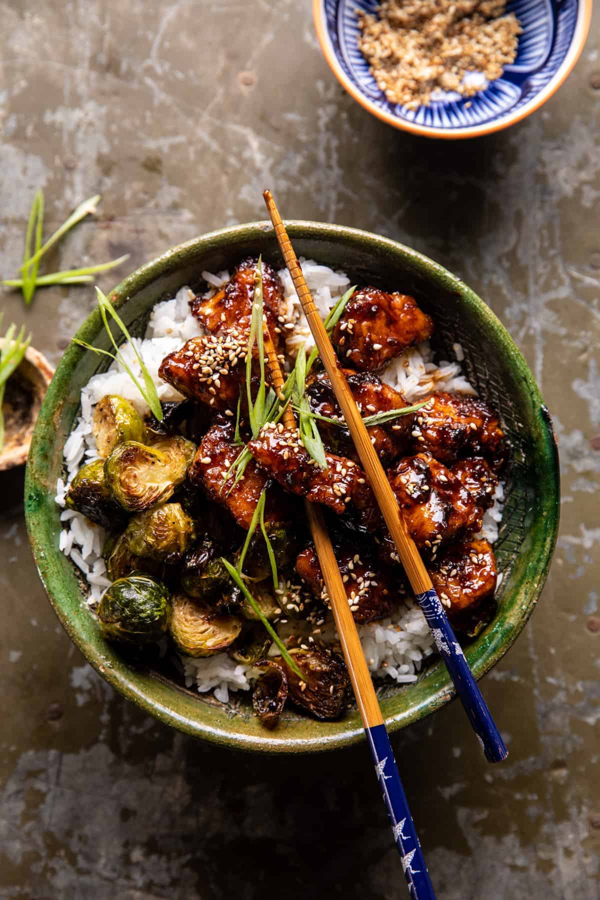 Sheet Pan Sticky Ginger Sesame Chicken and Crispy Brussels Sprouts | halfbakedharvest.com