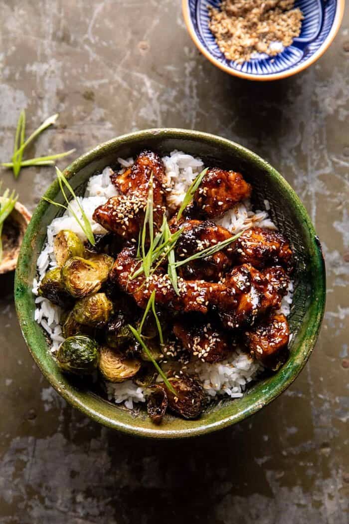 Sheet Pan Sticky Ginger Sesame Chicken and Crispy Brussels Sprouts | halfbakedharvest.com overhead photo of Sheet Pan Sticky Ginger Sesame Chicken and Crispy Brussels Sprouts