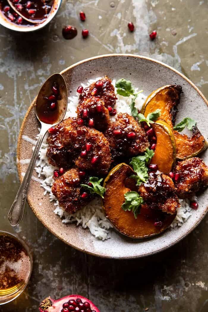Sheet Pan Sticky Thai Pomegranate Chicken and Honey Roasted Squash | halfbakedharvest.com