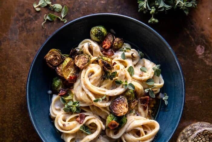 Brown Butter Brussels Sprout and Bacon Fettuccine Alfredo | halfbakedharvest.com overhead horizontal photo of Brown Butter Brussels Sprout and Bacon Fettuccine Alfredo