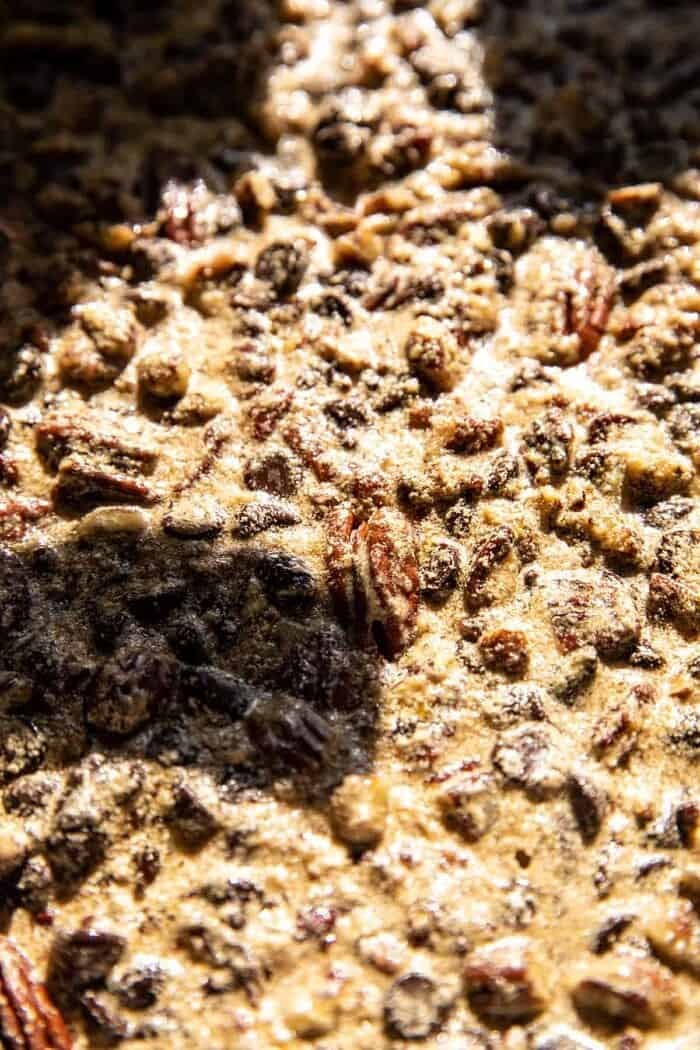 prep photo of Brown Sugar Maple Chocolate Pecan Pie Bars before baking