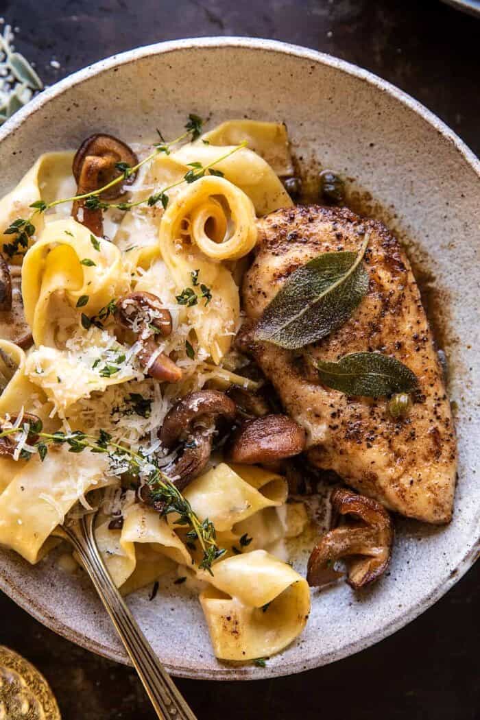 Browned Sage Butter Chicken Piccata with Mushroom Pasta | halfbakedharvest.com overhead close up photo of Browned Sage Butter Chicken Piccata with Mushroom Pasta