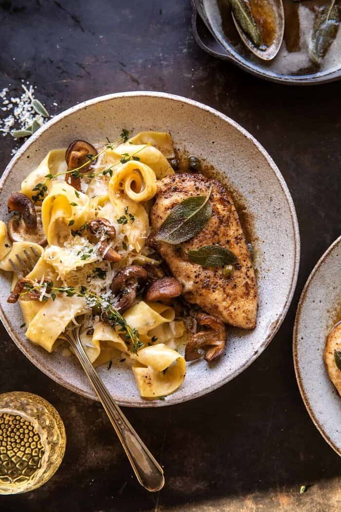 Browned Sage Butter Chicken Piccata with Mushroom Pasta | halfbakedharvest.com overhead photo of Browned Sage Butter Chicken Piccata with Mushroom Pasta