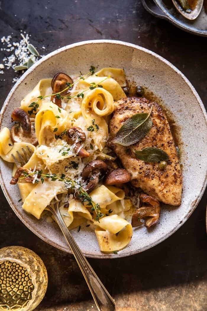 Browned Sage Butter Chicken Piccata with Mushroom Pasta | halfbakedharvest.com overhead close up of Browned Sage Butter Chicken Piccata with Mushroom Pasta