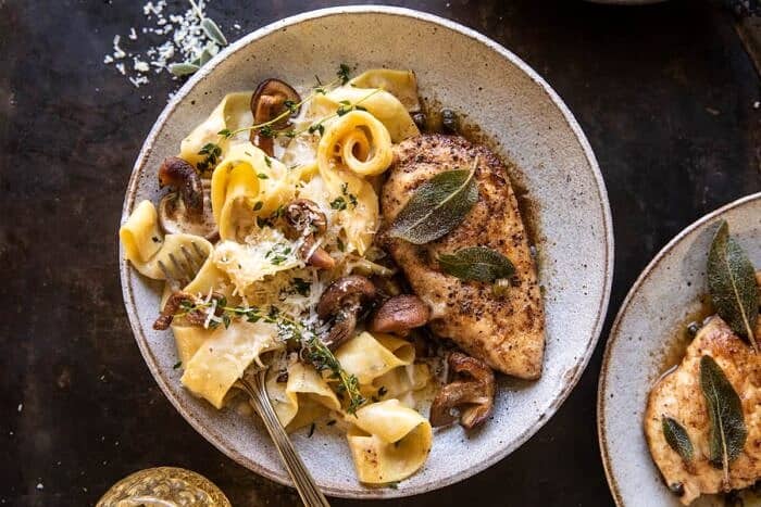Browned Sage Butter Chicken Piccata with Mushroom Pasta | halfbakedharvest.com overhead horizontal photo of Browned Sage Butter Chicken Piccata with Mushroom Pasta