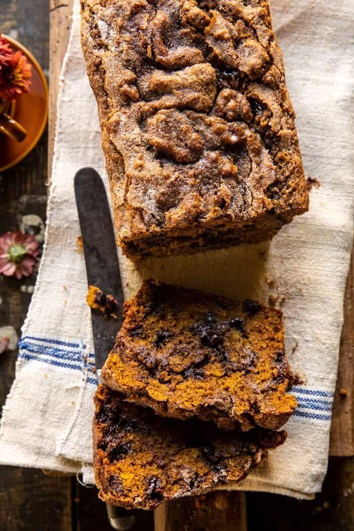 overhead photo Cinnamon Swirl Chocolate Chip Pumpkin Butter Bread