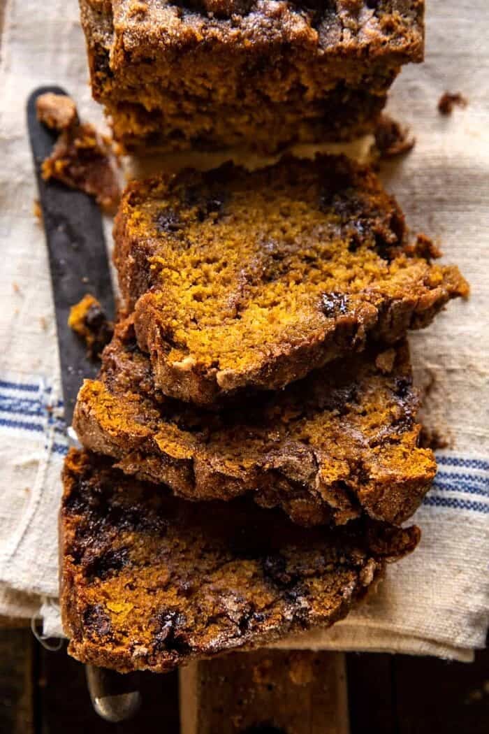 overhead close up photo of Cinnamon Swirl Chocolate Chip Pumpkin Butter Bread