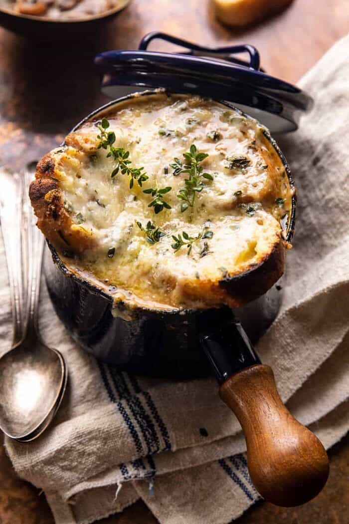 Creamy French Onion and Mushroom Soup | halfbakedharvest.com overhead photo of Creamy French Onion and Mushroom Soup