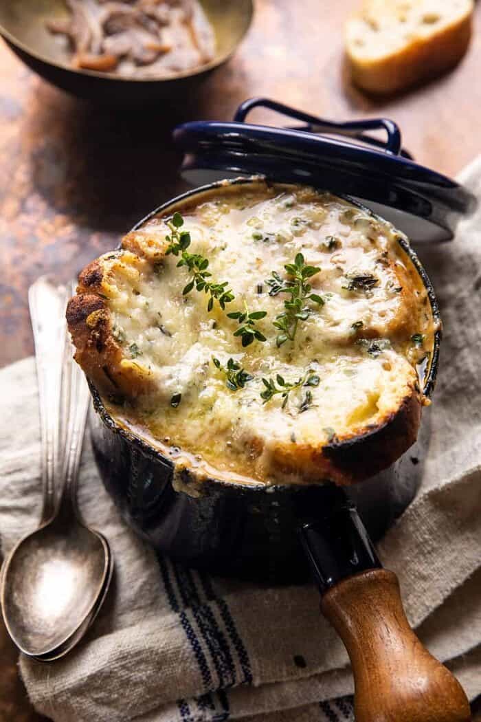 Creamy French Onion and Mushroom Soup | halfbakedharvest.com side angled photo Creamy French Onion and Mushroom Soup