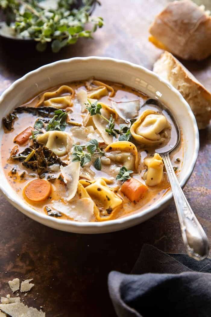 Healthier Slow Cooker Creamy Tortellini Vegetable Soup | halfbakedharvest.com