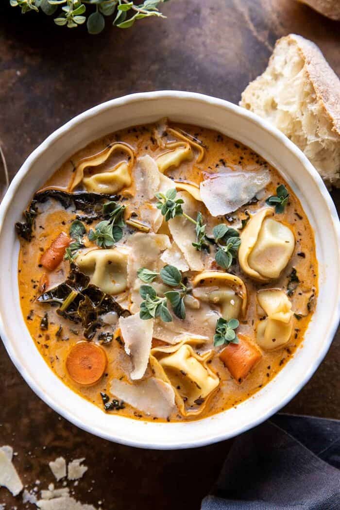 Healthier Slow Cooker Creamy Tortellini Vegetable Soup | halfbakedharvest.com
