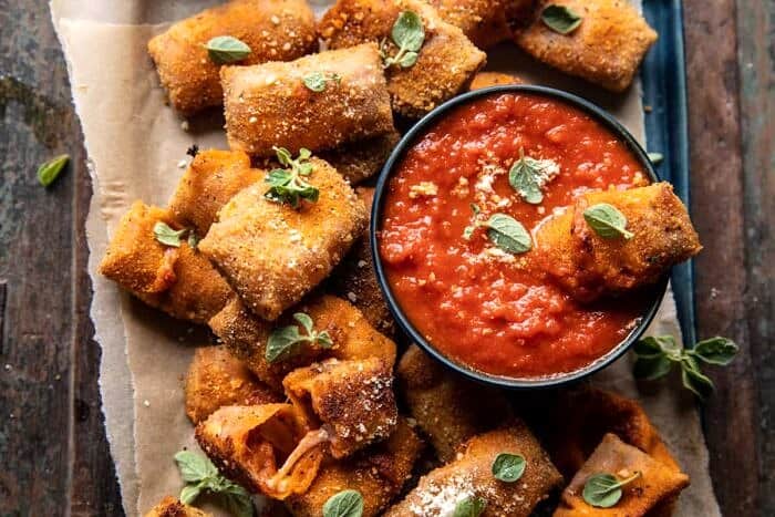 overhead photo of Homemade Cheesy Pizza Rolls