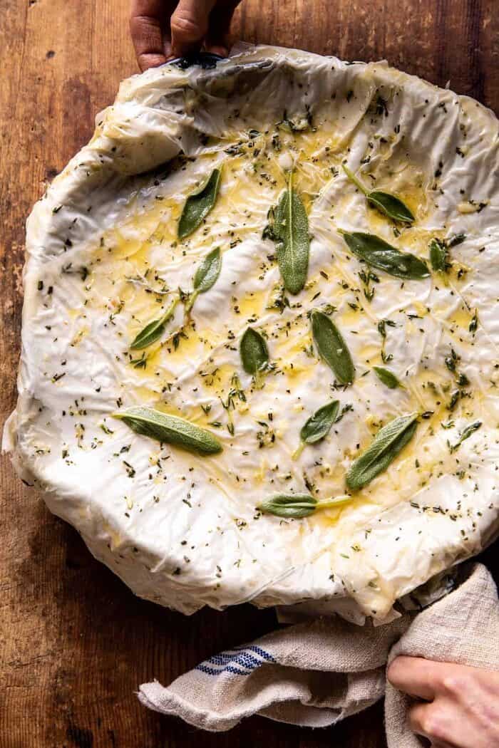 overhead photo of Skillet Chicken Broccoli Pot Pie with Garlic Butter Phyllo Crust before baking