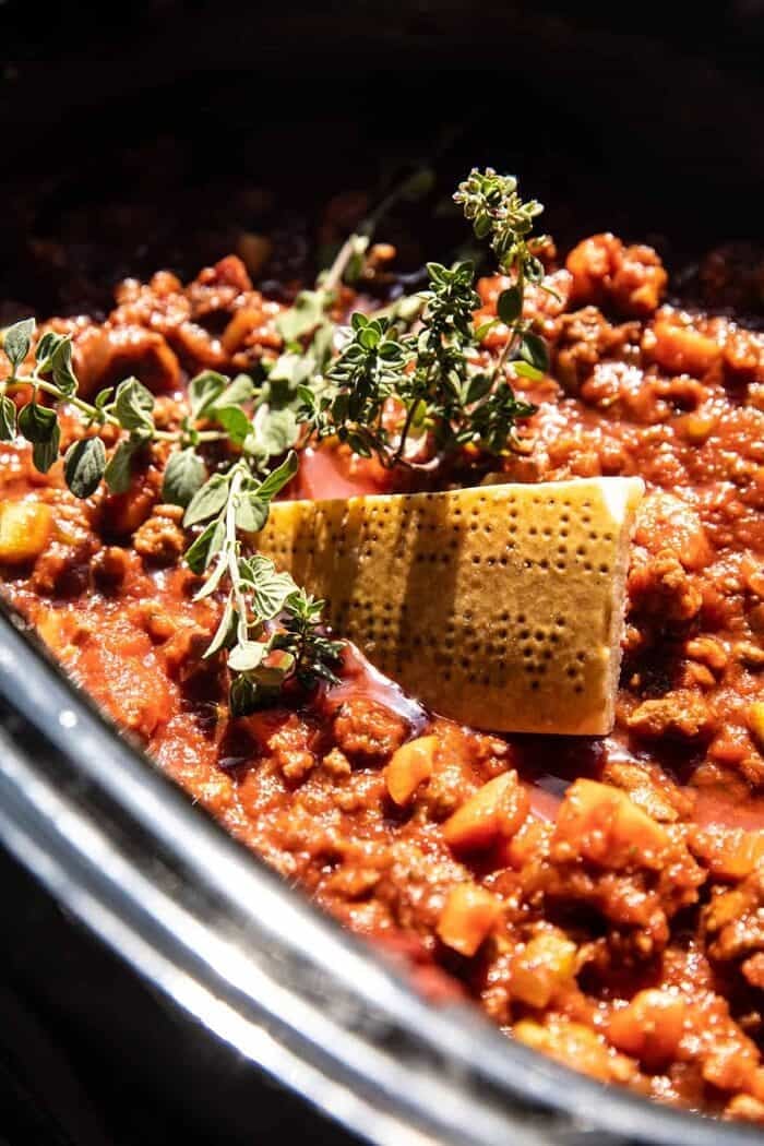 Slow Cooker Saucy Sunday Bolognese Pasta | halfbakedharvest.com prep photo of Slow Cooker Saucy Sunday Bolognese sauce before cooking