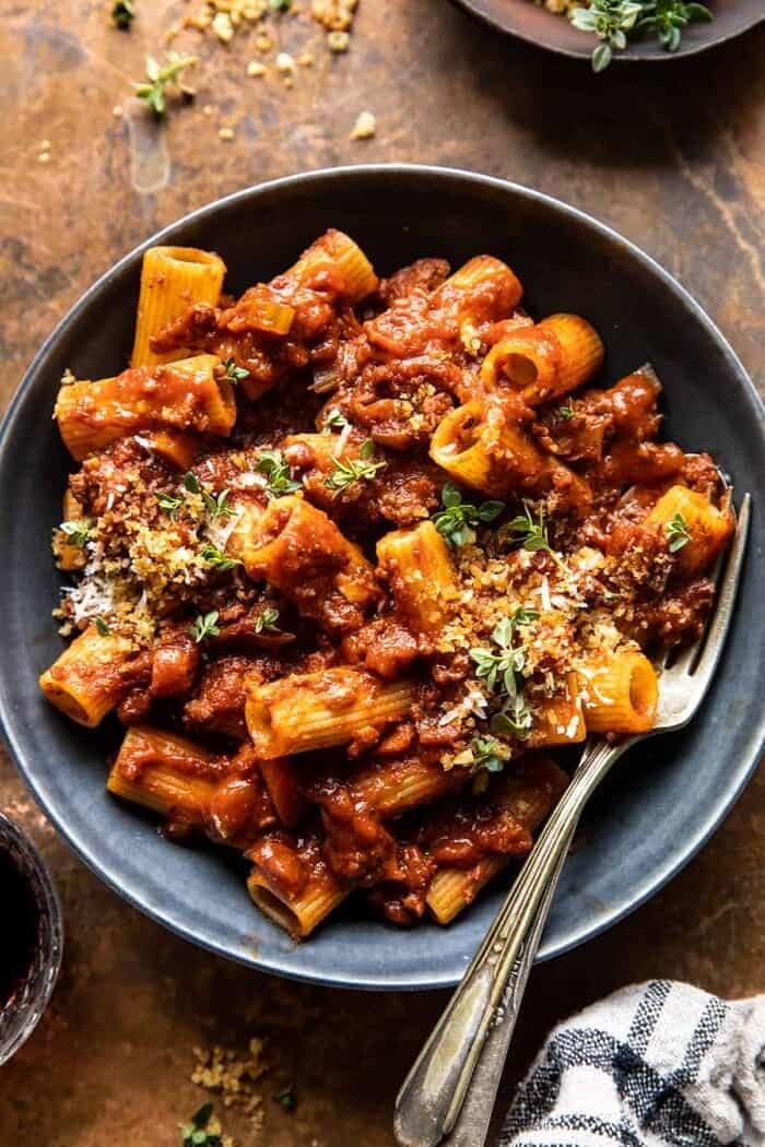 Slow Cooker Saucy Sunday Bolognese Pasta | halfbakedharvest.com overhead close up photo of Slow Cooker Saucy Sunday Bolognese Pasta