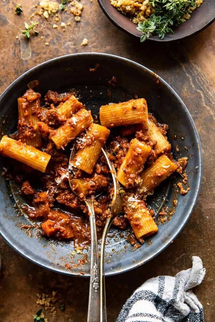 Slow Cooker Saucy Sunday Bolognese Pasta | halfbakedharvest.com overhead photo of Slow Cooker Saucy Sunday Bolognese Pasta