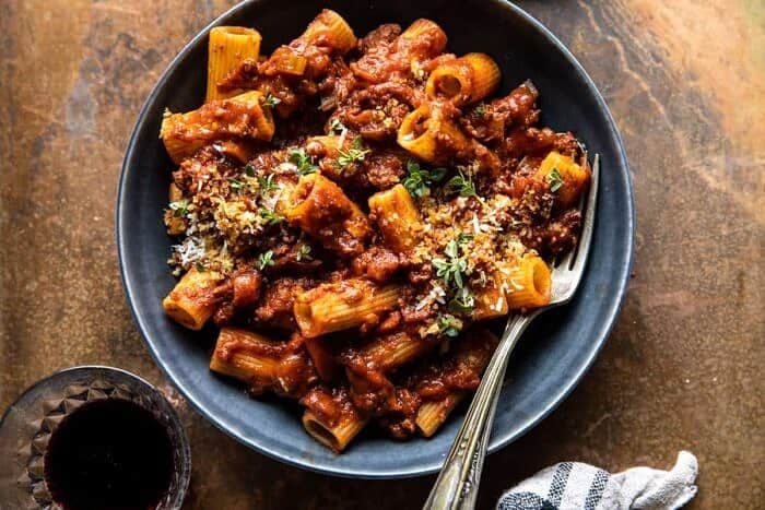Slow Cooker Saucy Sunday Bolognese Pasta | halfbakedharvest.com overhead horizontal photo of Slow Cooker Saucy Sunday Bolognese Pasta