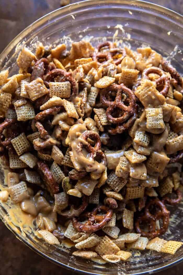 Snickerdoodle Peanut Butter Chocolate Chex Mix Bars | halfbakedharvest.com Snickerdoodle Peanut Butter Chocolate Chex mix in a bowl