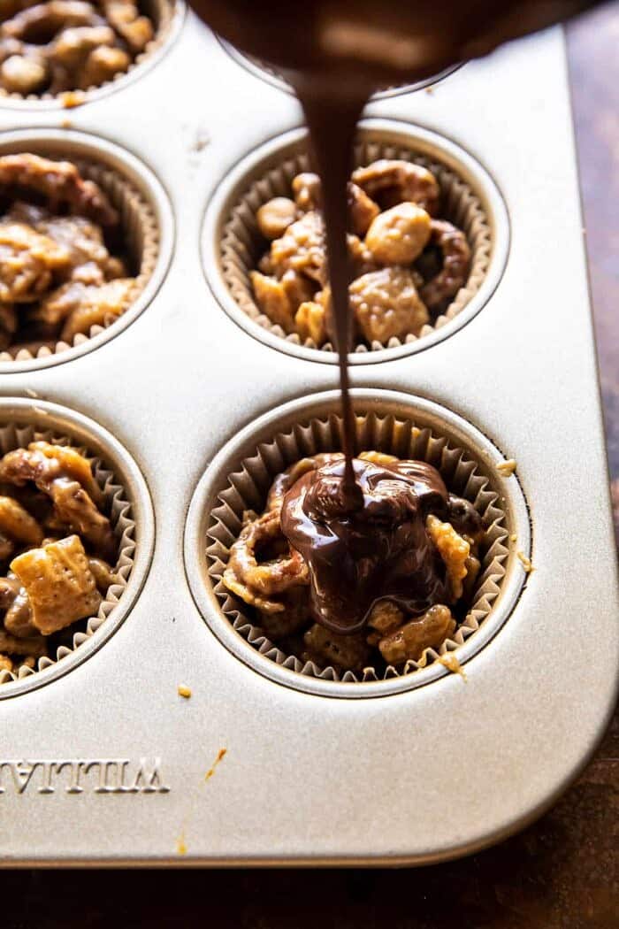 Snickerdoodle Peanut Butter Chocolate Chex Mix Bars | halfbakedharvest.com prep photo of Snickerdoodle Peanut Butter Chocolate Chex Mix Bars