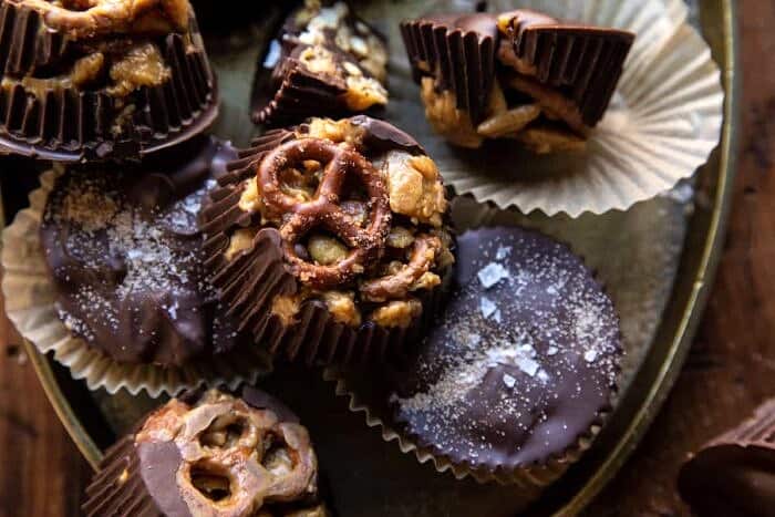Snickerdoodle Peanut Butter Chocolate Chex Mix Bars | halfbakedharvest.com overhead horizontal photo of Snickerdoodle Peanut Butter Chocolate Chex Mix Bars