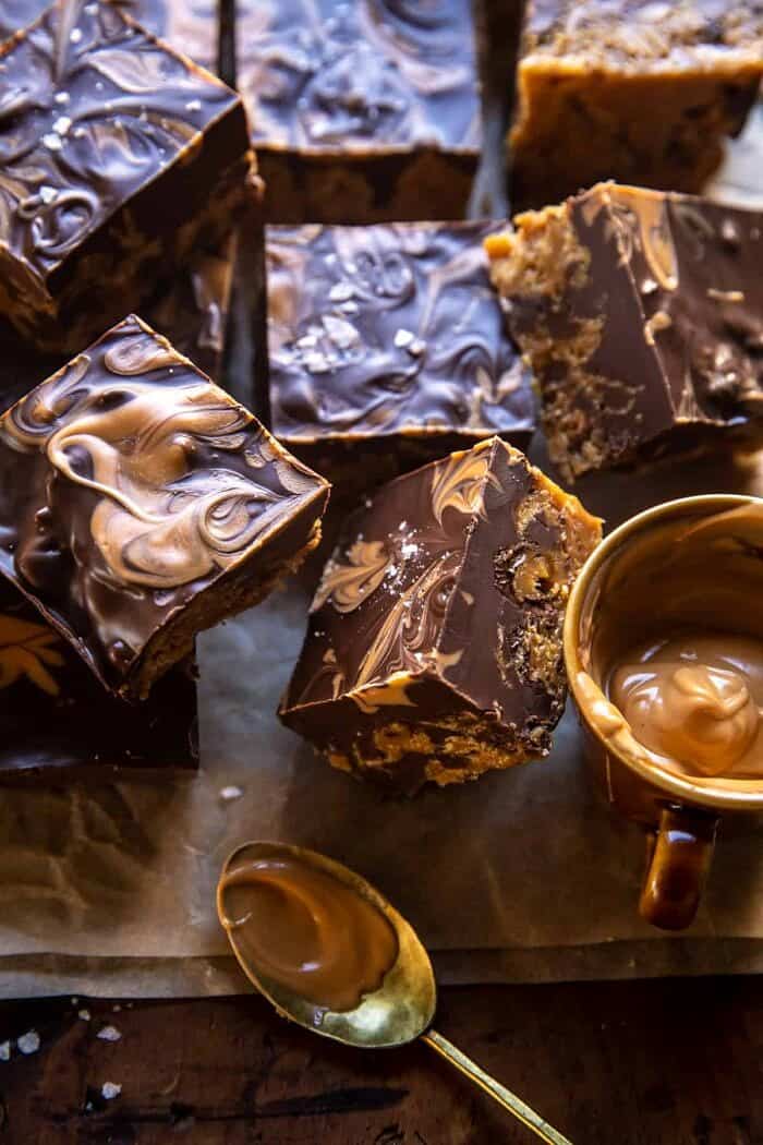 overhead close up photo of Swirled Chocolate Butterscotch Bars 