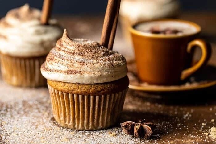 side angled photo of Vanilla Chai Pumpkin Latte Cupcakes with Cinnamon Brown Sugar Frosting