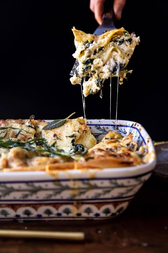 side angled photo of 4 Cheese Sage Pesto Florentine Lasagna