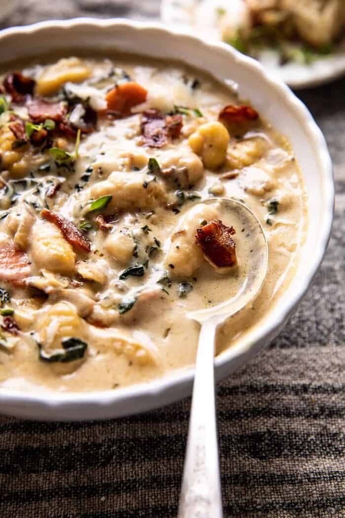 Creamy Gnocchi Soup with Rosemary Bacon | halfbakedharvest.com side angled photo of Creamy Gnocchi Soup with Rosemary Bacon