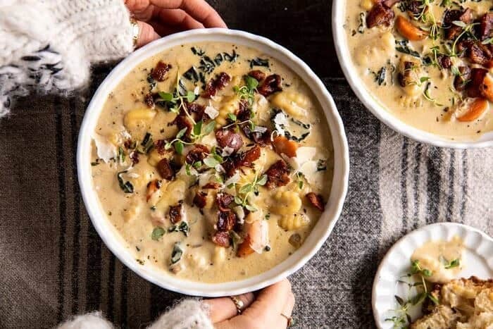 Creamy Gnocchi Soup with Rosemary Bacon | halfbakedharvest.com overhead horizontal photo of Creamy Gnocchi Soup with Rosemary Bacon