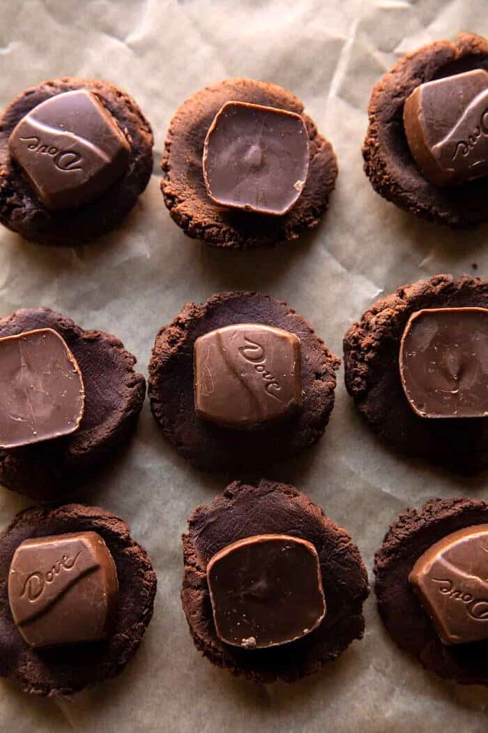 Crinkly Caramel Stuffed Brownie Cookies | halfbakedharvest.com prep photo of Caramel Stuffed Brownie Cookie before baking