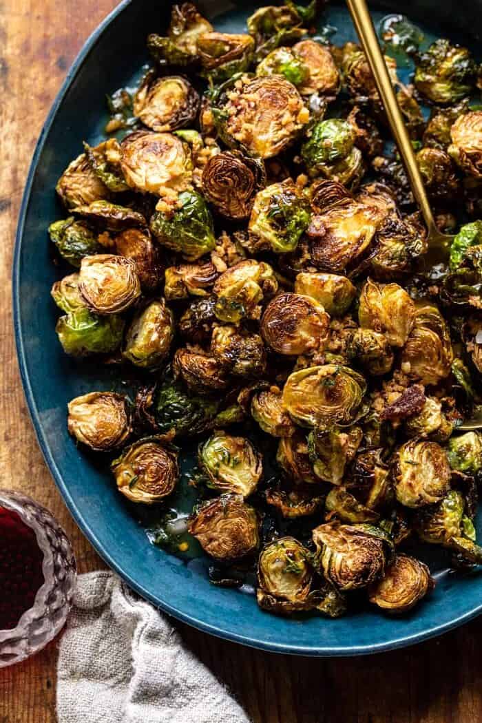 Fried Brussels Sprouts with Cider Vinaigrette and Bacon Breadcrumbs | halfbakedharvest.com overhead photo of Fried Brussels Sprouts with Cider Vinaigrette and Bacon Breadcrumbs