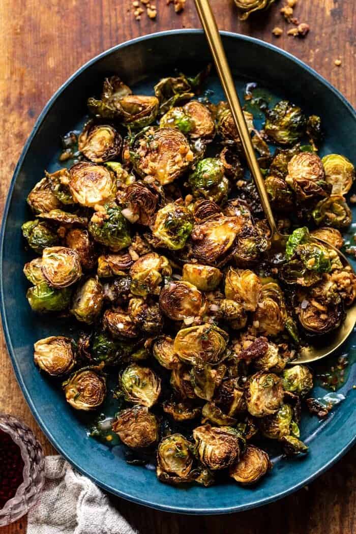 Fried Brussels Sprouts with Cider Vinaigrette and Bacon Breadcrumbs | halfbakedharvest.com overhead photo of Fried Brussels Sprouts with Cider Vinaigrette and Bacon Breadcrumbs
