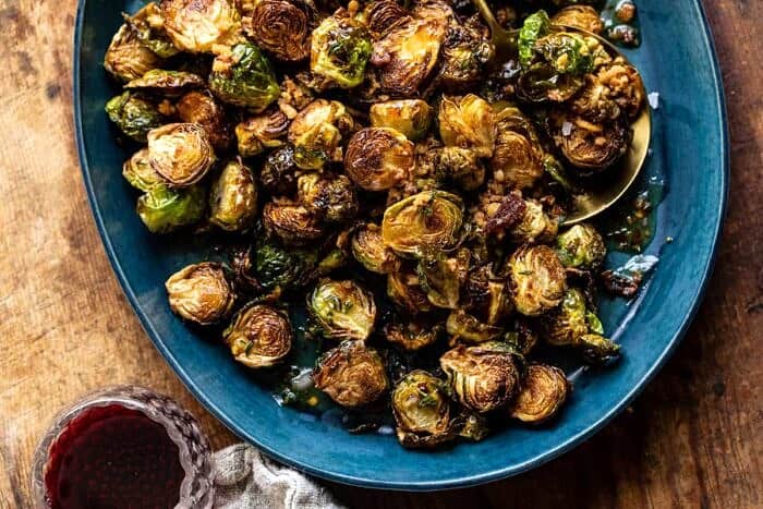 Fried Brussels Sprouts with Cider Vinaigrette and Bacon Breadcrumbs | halfbakedharvest.com overhead horizontal photo of Fried Brussels Sprouts with Cider Vinaigrette and Bacon Breadcrumbs