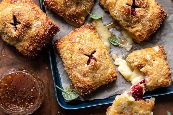 overhead horizontal photo of Pastry Wrapped Cranberry Baked Brie Bites